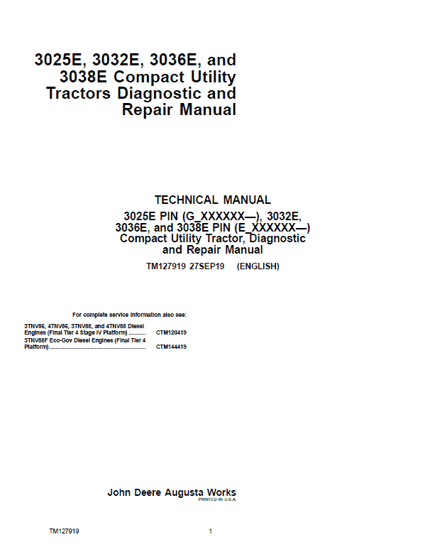 John Deere 3025E, 3032E, 3036E, 3038E Utility Tractors Service Manual (S.N from 610000 - )