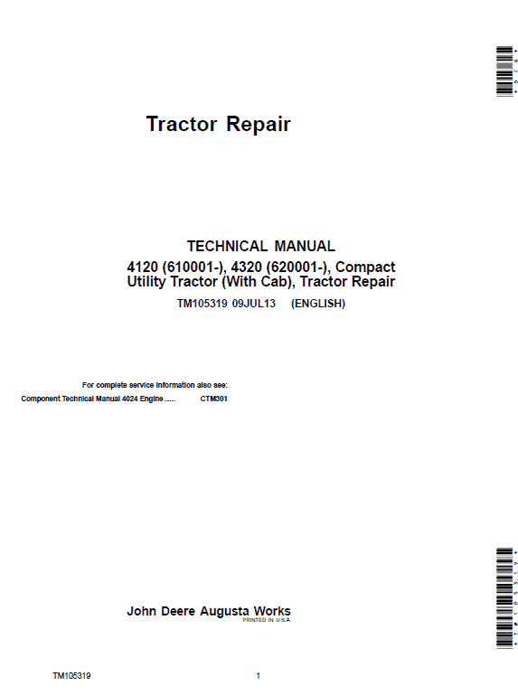 John Deere 4120, 4320 Compact Utility Tractors Service Manual (With Cab - S.N 610001-)