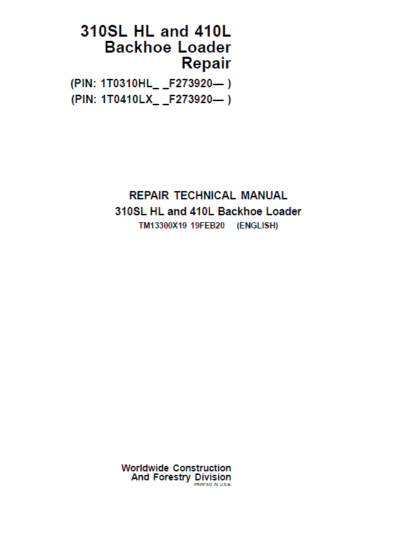 John Deere 310SL HL, 410L Backhoe Loader Service Manual (S.N F273920 -F390995)