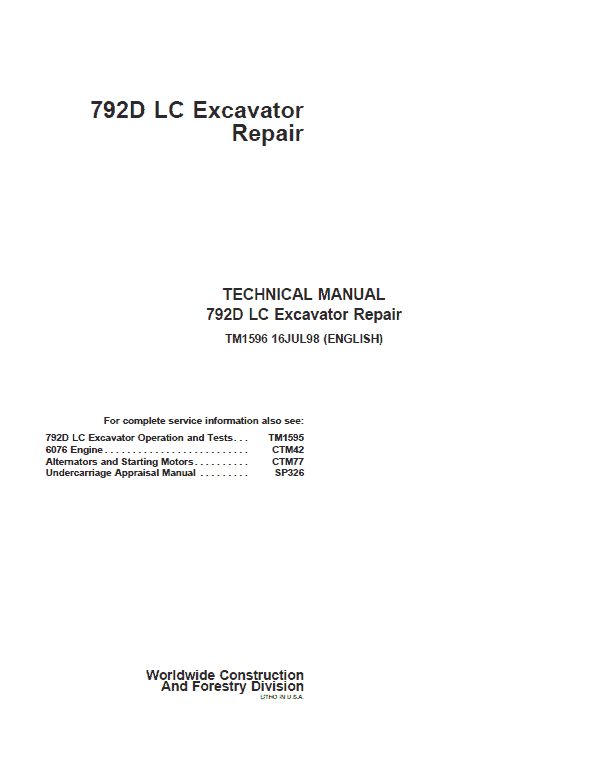 John Deere 792D LC Excavator Repair Service Manual