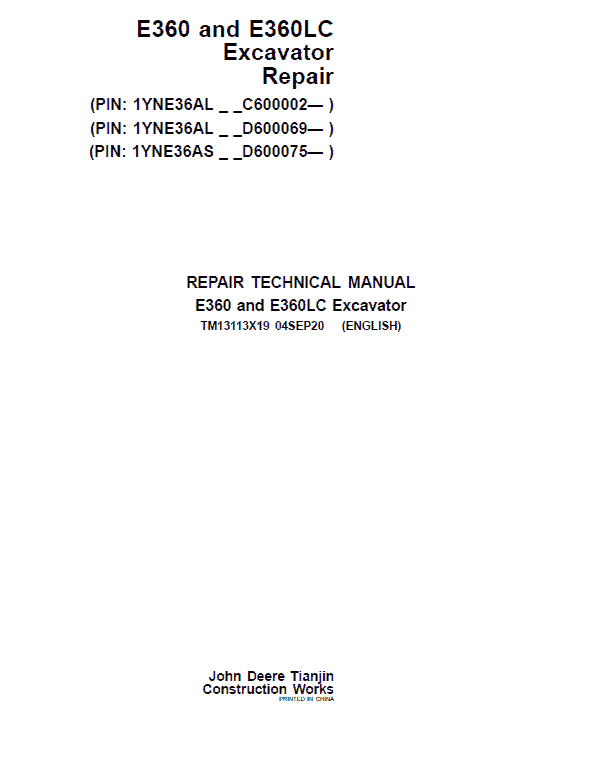 John Deere E360, E360LC Excavator Repair Service Manual (S.N after C600002 & D600069- )