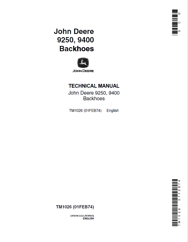 John Deere 9250, 9400 Backhoe Loader Repair Service Manual