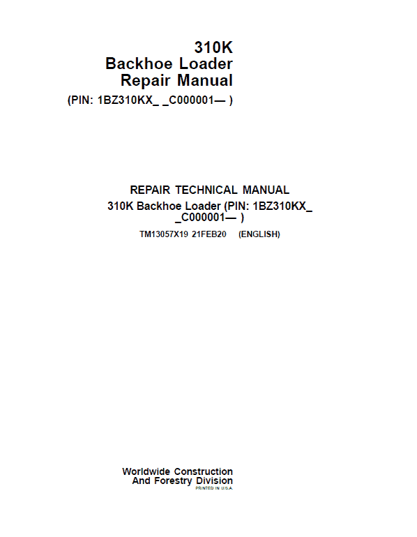 John Deere 310K Backhoe Loader Repair Service Manual (S.N after C000001 - )