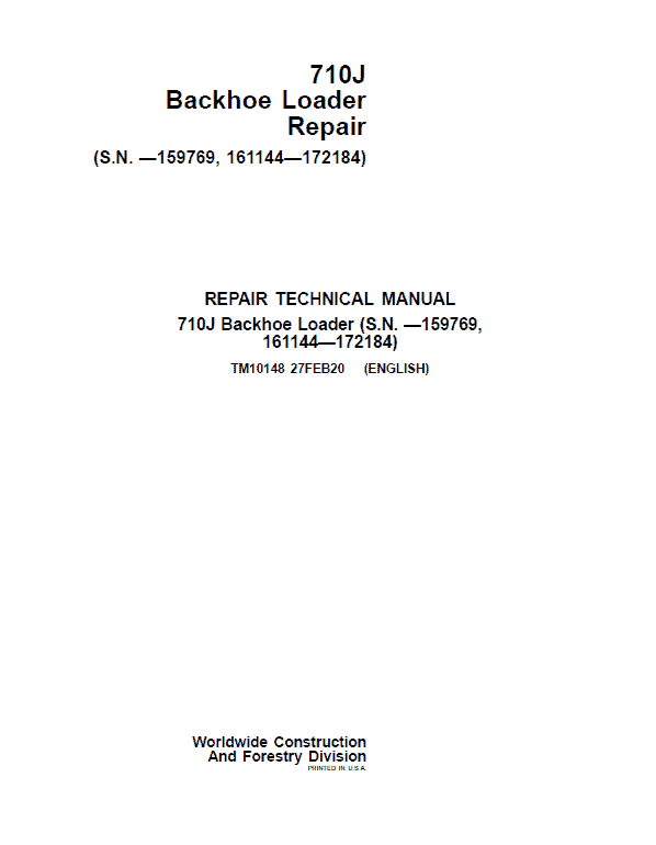 John Deere 710J Backhoe Loader Service Manual (S.N before - 159769 & 161144 - 172184 )