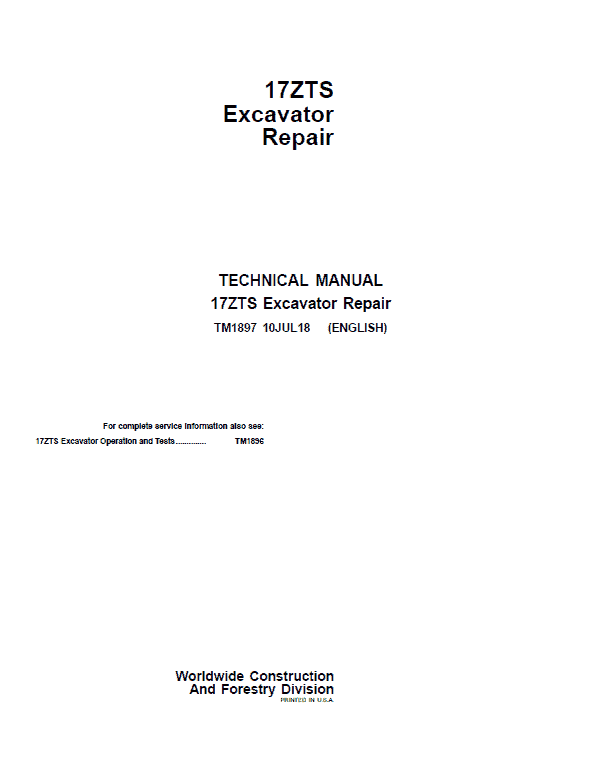 John Deere 17ZTS Excavator Repair Service Manual