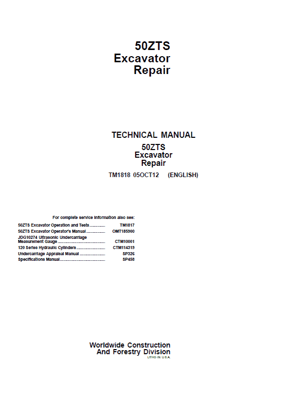 John Deere 50ZTS Excavator Repair Service Manual