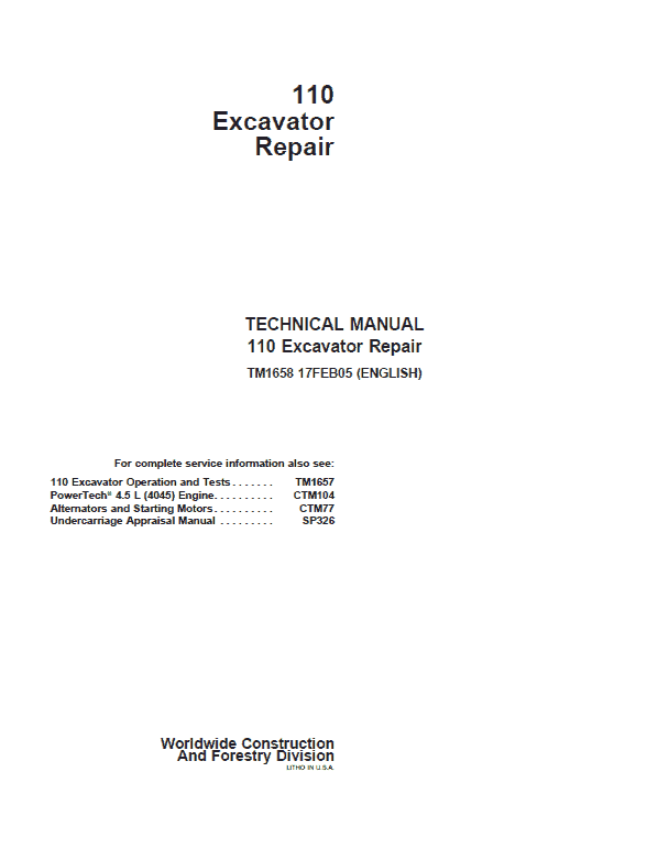 John Deere 110 Excavator Repair Service Manual