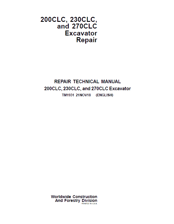 John Deere 200CLC, 230CLC, 270CLC Excavator Repair Service Manual