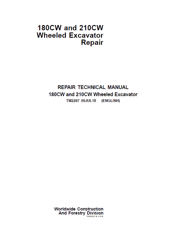 John Deere 180CW, 210CW Wheeled Excavator Repair Service Manual