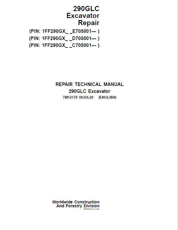 John Deere 290GLC Excavator Service Manual (S.N after C705001, D705001, E705001)