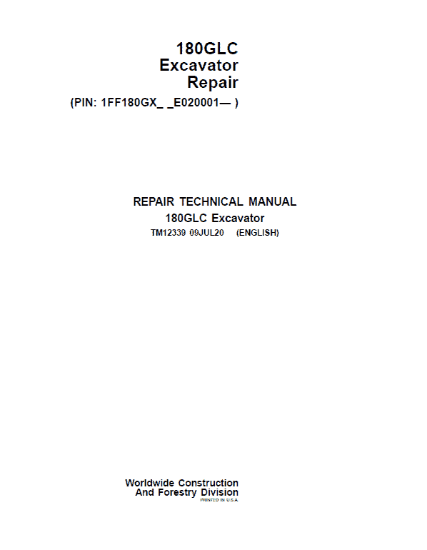 John Deere 180GLC Excavator Repair Service Manual (S.N after E020001 -)