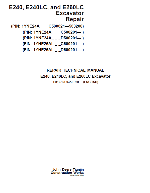 John Deere E240, E240LC, E260LC Excavator Service Manual (S.N after C500201 & D500201)