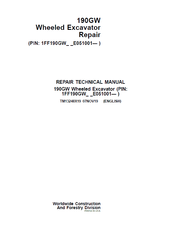 John Deere 190GW Wheeled Excavator Repair Service Manual (S.N after E051001 - )