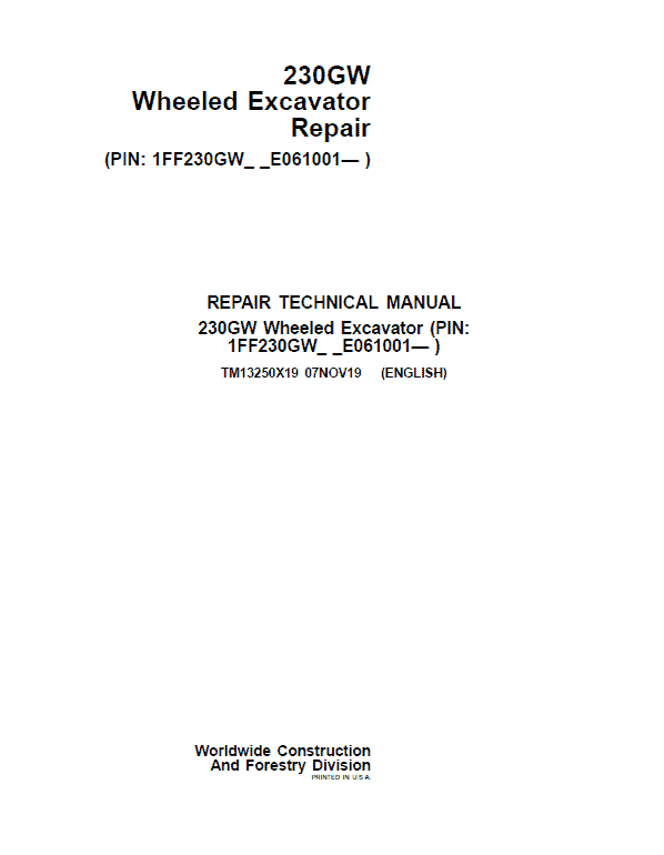 John Deere 230GW Wheeled Excavator Repair Service Manual (S.N after E061001 - )