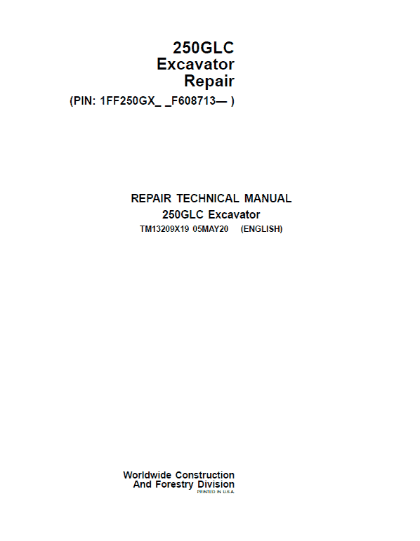 John Deere 250GLC Excavator Repair Service Manual (S.N after F608713 - )