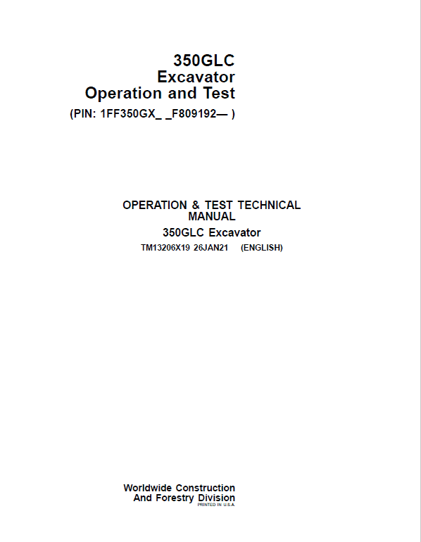 John Deere 350GLC Excavator Repair Service Manual (S.N after F809192 - )