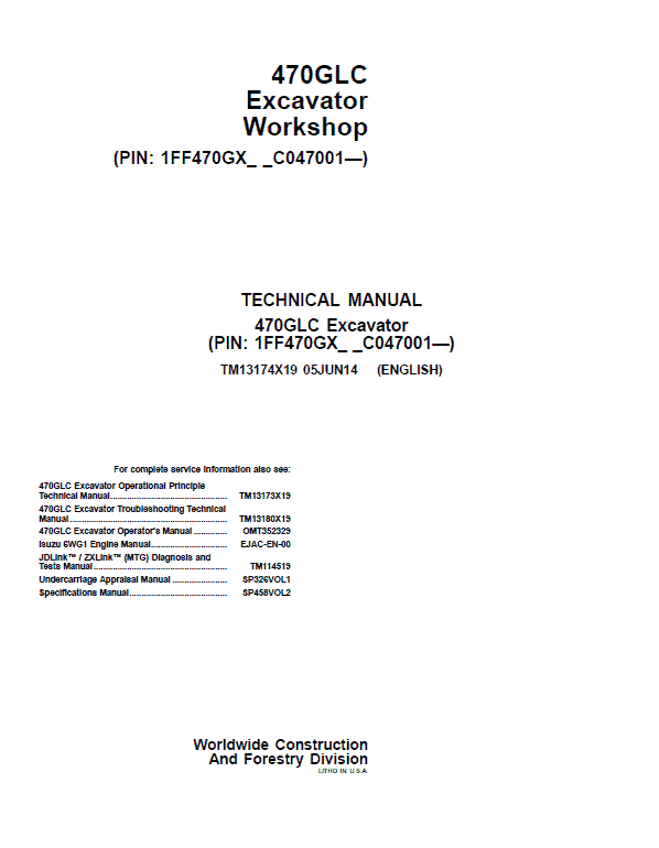 John Deere 470GLC Excavator Repair Service Manual (S.N after C047001 - )