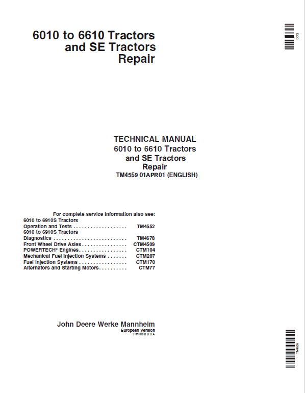 John Deere 6010, 6110, 6210, 6310, 6410, 6510, 6610 Tractor Service Manual