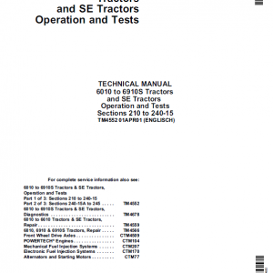 John Deere 6010 SE, 6110 SE, 6210 SE, 6310 SE, 6410 SE, 6510 SE, 6610 SE Tractor Manual