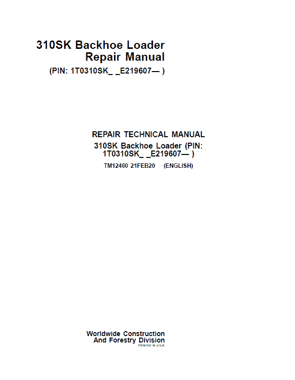 John Deere 310SK Backhoe Loader Repair Service Manual (S.N after E219607 - )