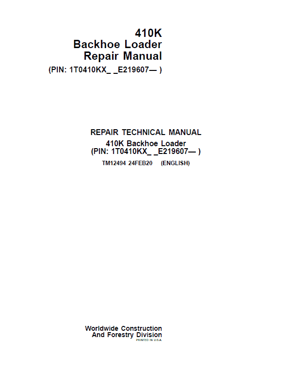 John Deere 410K Backhoe Loader Repair Service Manual (S.N after E219607 - )