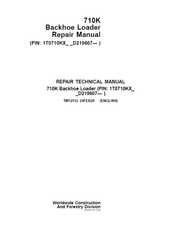 John Deere 710K Backhoe Loader Repair Service Manual (S.N after D219607 - )