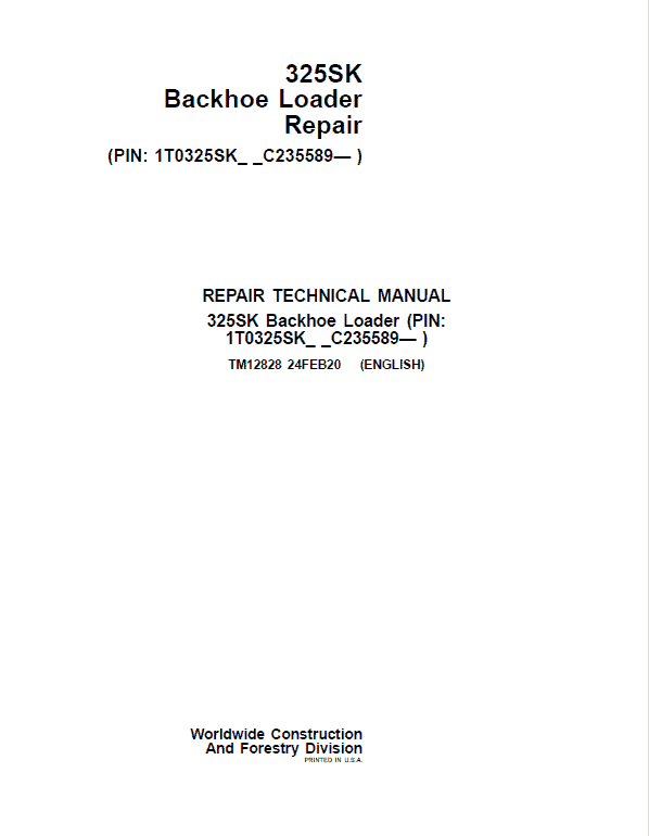 John Deere 325K Backhoe Loader Repair Service Manual (S.N after C235589 - )