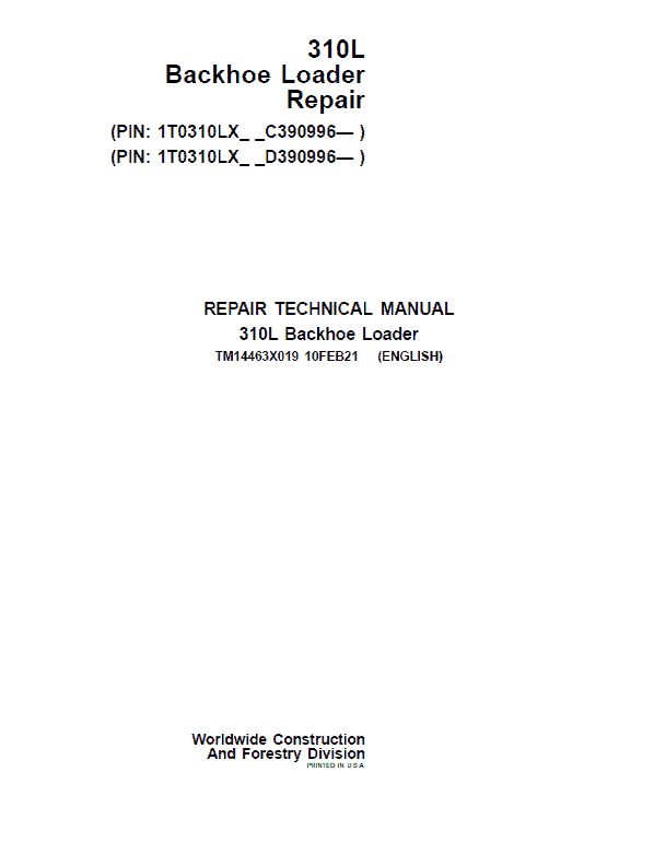 John Deere 310L Backhoe Loader Repair Service Manual (S.N after C390996 & D390996 - )