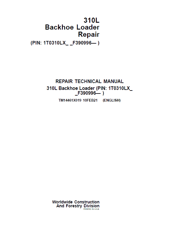 John Deere 310L Backhoe Loader Repair Service Manual (S.N after F390996 -)