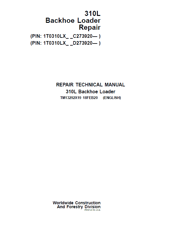 John Deere 310L Backhoe Repair Service Manual (S.N after C273920 & D273920 - 390995)