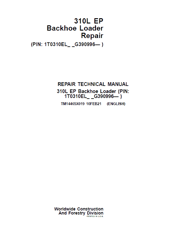 John Deere 310L EP Backhoe Loader Repair Service Manual (S.N after G390996 -)