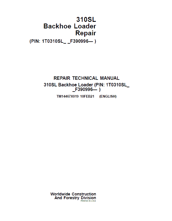 John Deere 310SL Backhoe Loader Repair Service Manual (S.N after F390996 -)