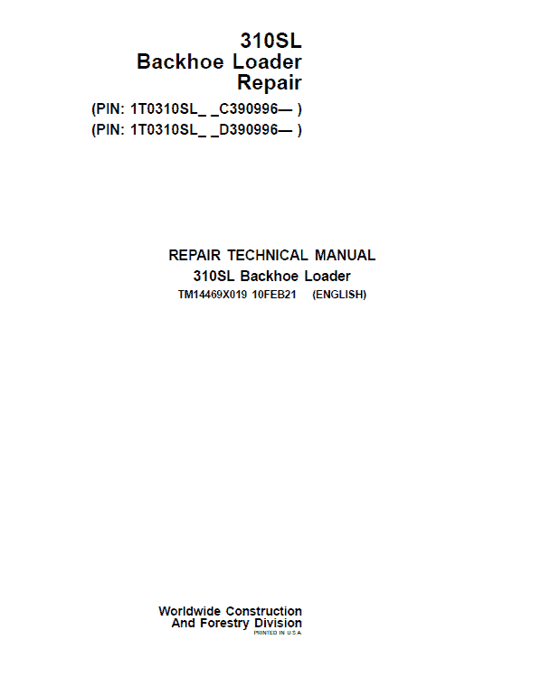 John Deere 310SL Backhoe Repair Service Manual (S.N after C390996 & D390996 - )