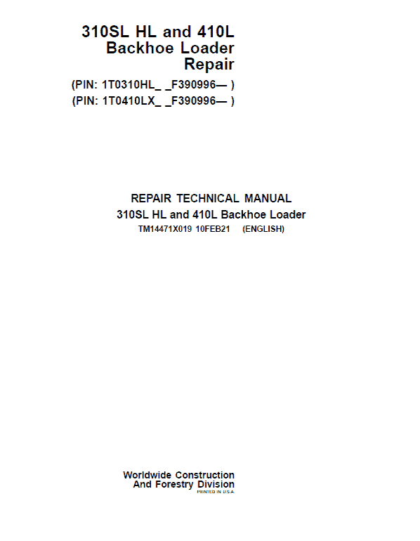 John Deere 310SL HL, 410L Backhoe Loader Repair Service Manual (S.N after F390996 - )