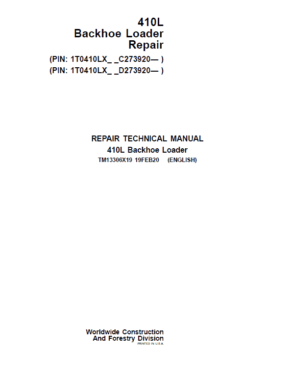 John Deere 410L Backhoe Repair Service Manual (S.N after C273920 & D273920 - 390995)