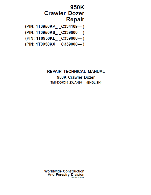 John Deere 950K Crawler Dozer Repair Service Manual (S.N after C334109 - )