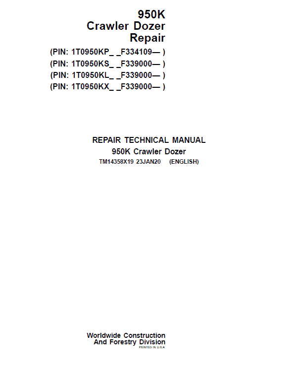 John Deere 950K Crawler Dozer Repair Service Manual (S.N after F334109 - )