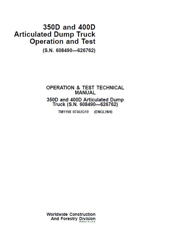 John Deere 350D, 400D Articulated Dump Truck Repair Manual (S.N 608490 - 626762)