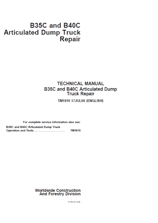 John Deere B35C, B40C Articulated Dump Truck Repair Service Manual