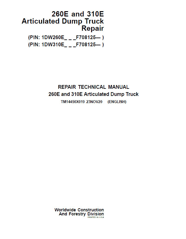 John Deere 260E, 310E Articulated Dump Truck Service Manual (S.N. F708125 - )