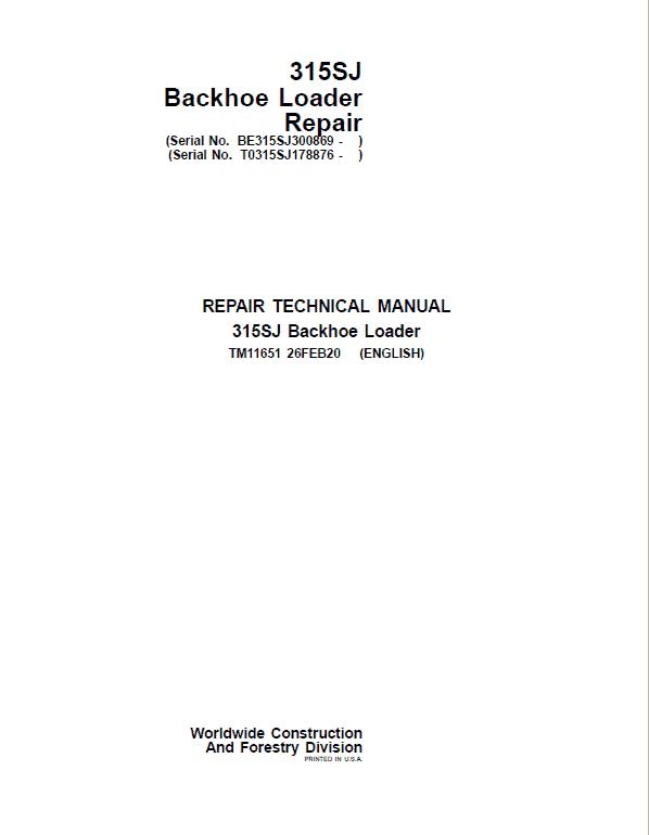 John Deere 315SJ Backhoe Loader Service Manual (S.N after BE315SJ300869 & T0315SJ178876 - )