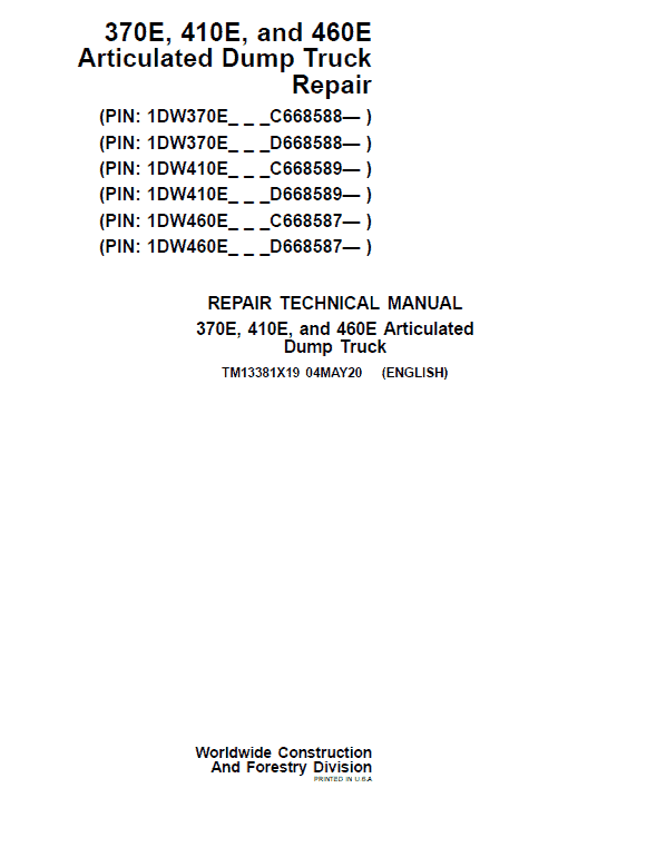 John Deere 370E, 410E, 460E Dump Truck Service Manual (S.N. after C634583 & D668586 - )