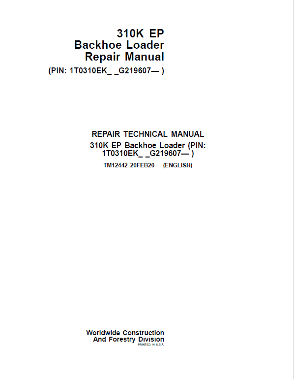 John Deere 310K EP Backhoe Loader Repair Service Manual (S.N after G219607 - )