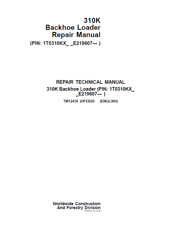 John Deere 310K Backhoe Loader Repair Service Manual (S.N after E219607 - )