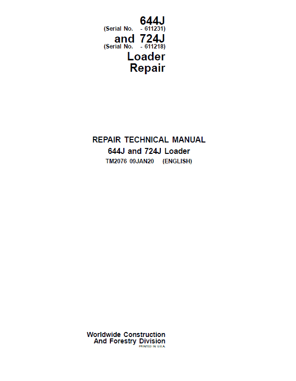 John Deere 644J, 724J Loader Repair Service Manual (S.N before - 611231)