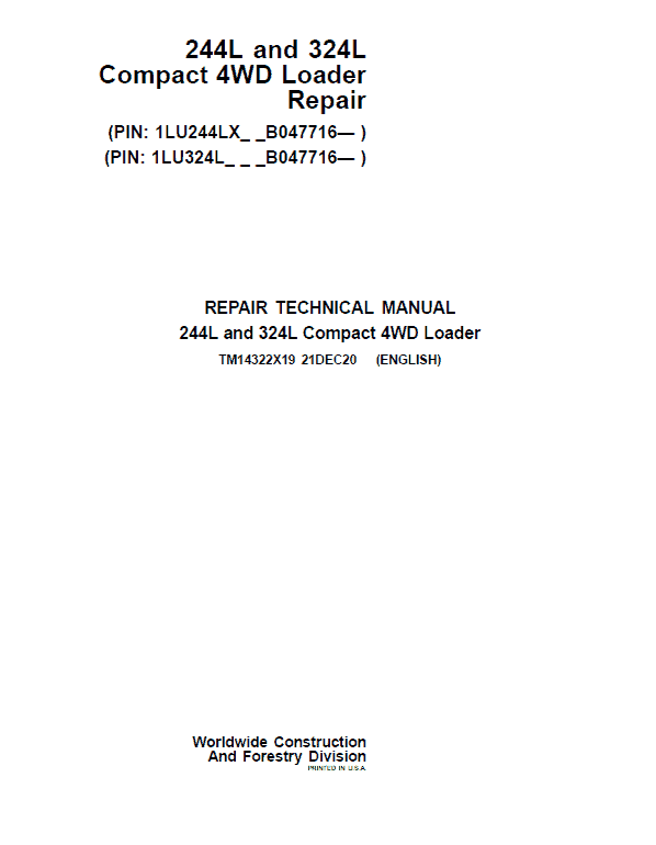 John Deere 244L, 324L Compact 4WD Loader Repair Service Manual (S.N after B047716 - )