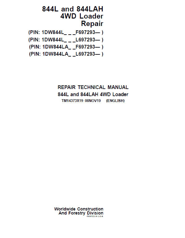 John Deere 844L, 844LAH 4WD Loader Repair Service Manual (S.N F697293 & L697293 - )