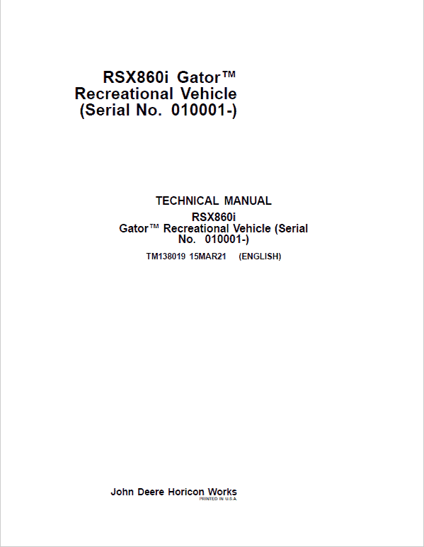 John Deere RSX860i Gator Recreational Vehicle Repair Manual (S.N after 010001-)