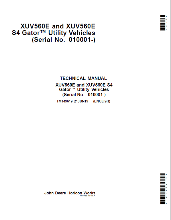 John Deere XUV560E, XUV560E S4 Gator Utility Vehicles Repair Manual (S.N 010001 - 040000)