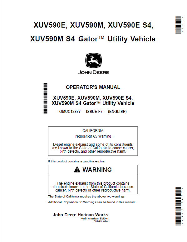 John Deere XUV590M, XUV590M S4 Gator Utility Vehicles Repair Manual (S.N 010001 – 040000)